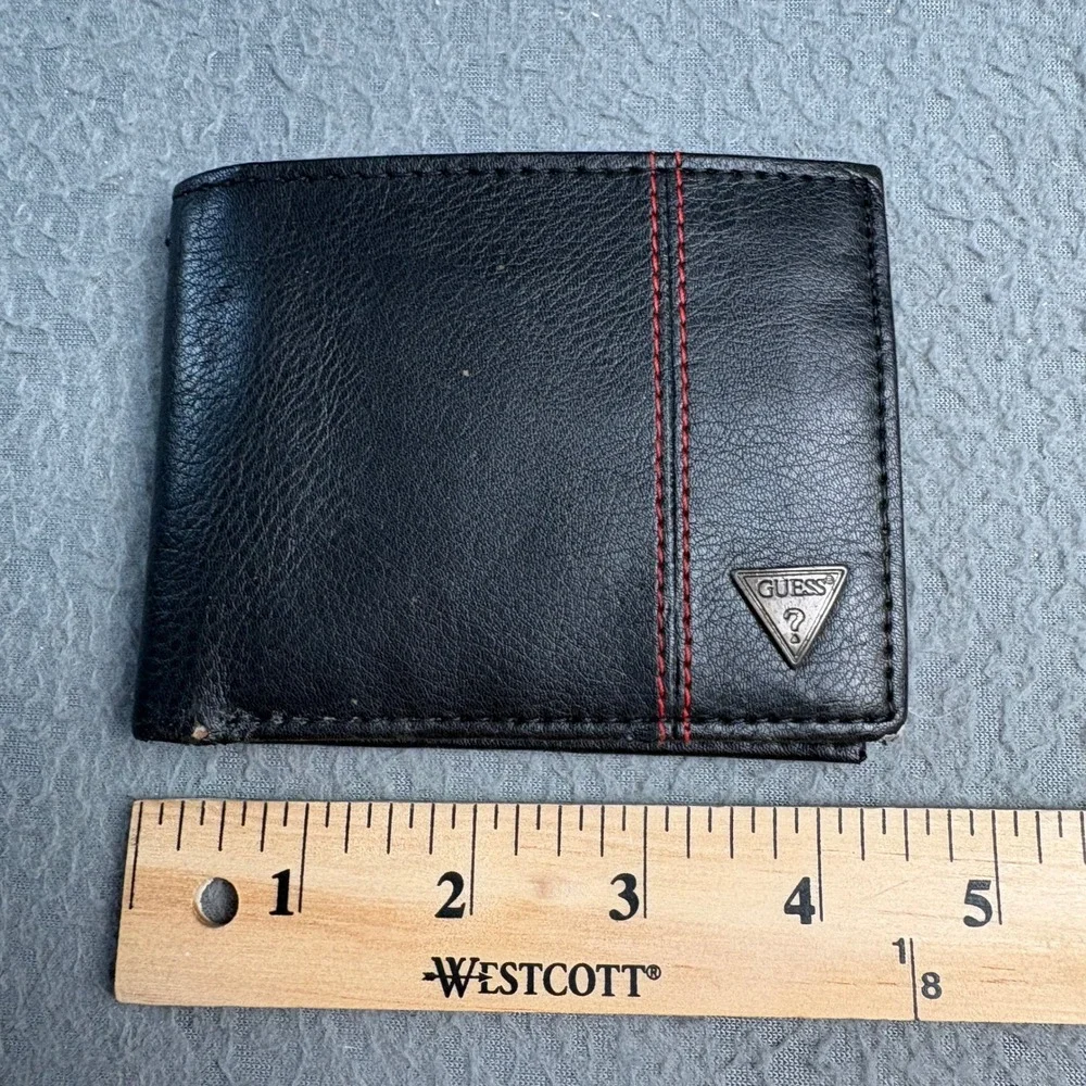 Guess Mens Bifold Wallet Black Faux Leather Red Stitching Triangle Logo Logo